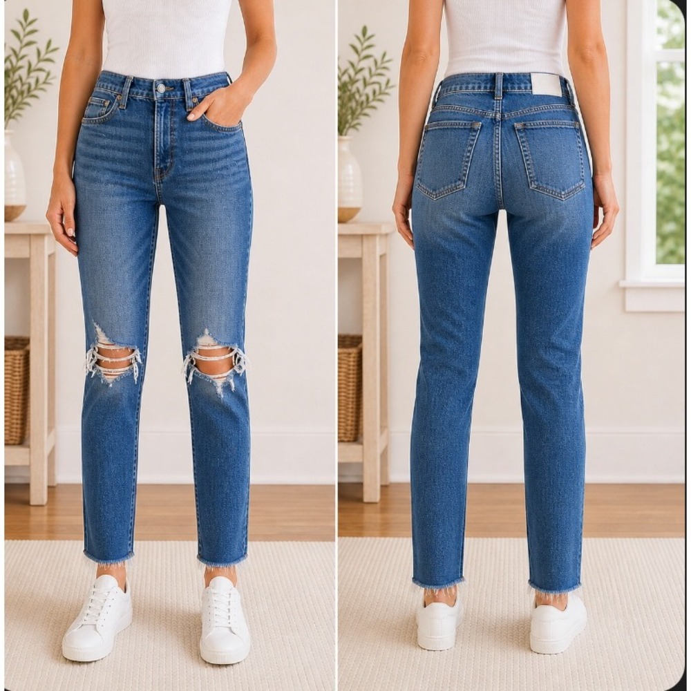 RE/DONE 90s High Rise Ankle Crop Jeans Womens 26 Blue Distressed‎ Raw Hem